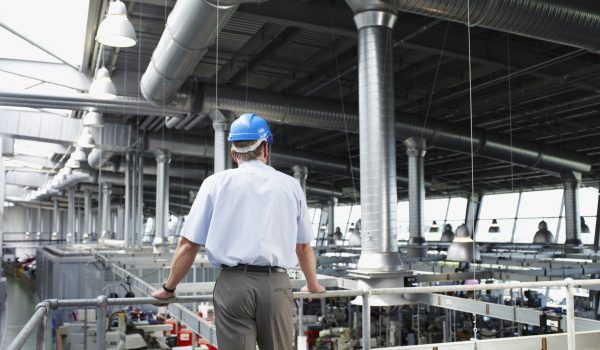 Businessman in hard-hat looking at factory floor